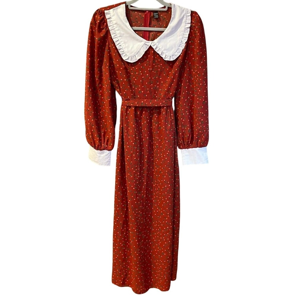 Shein Mulvari Brown Ditsy Floral A-Line Dress L Peter Pan Collar Bishop Sleeve